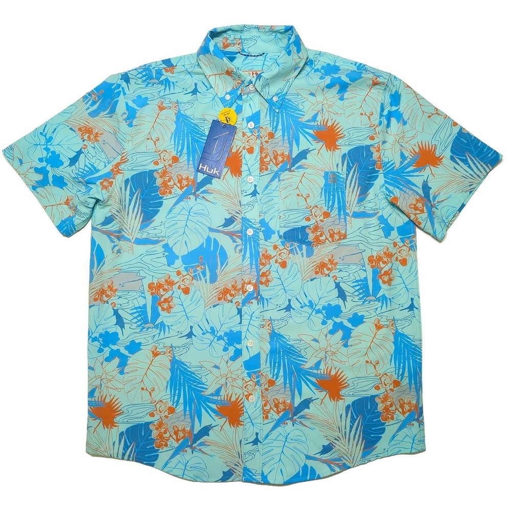 HUK Fishing Short Sleeve Button Shirt Radical Botanical Kona Floral Blue Medium